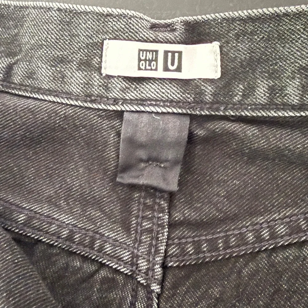 Uniqlo Denim Pleated Trousers Womens 26 Black Wide Leg‎ Barrel High Rise Denim